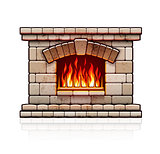 Home fireplace, christmas hearth with fire