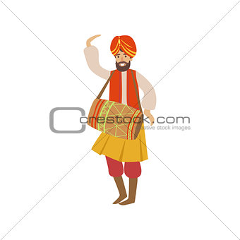 Man In Indian National Outfit Playing Drum
