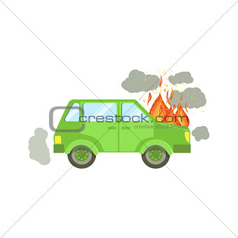 Car With Engine On Fire And Smoke Clouds Around