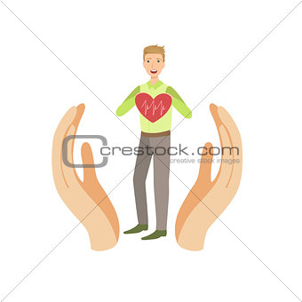 Guy Holding Heart With Cardiogram Protected By Two Palms