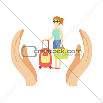 Woman Traveler With Suitcase Protected By Two Palms