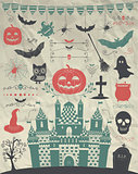 Vector Hand Sketched Doodle Halloween Icons on Crumple Paper