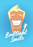 Poster with man smiling. White healthy teeth, toothbrush or toothpaste advertisement. Retro style. Denist service, stomatology