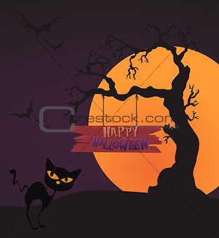 Happy Halloween Card Template, Mix, Moon and tree, Vector Illustration