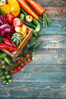 Harvest fresh vegetables autumn still-life on old