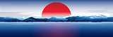 Sea, Mountains And Red Sun.