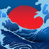 Blue Waves And Red Sun In The Japanese Style