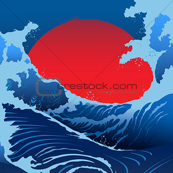 Blue Waves And Red Sun In The Japanese Style