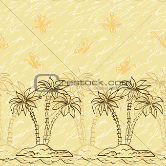 Seamless pattern, palm trees and butterflies contours