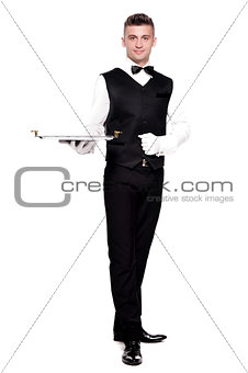 Bartender with a tray on a white background
