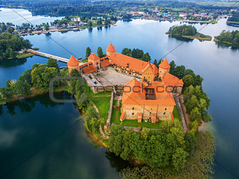 Trakai, Lithuania: Island castle, aerial UAV top view, flat lay