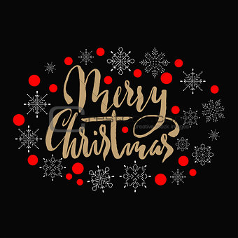 Gold textured handwritten calligraphic inscription Merry Christmas with pattern of red confetti and snowflakes. Holiday lettering. EPS10