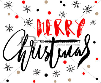 Red and black handwritten calligraphic inscription Merry Christmas with pattern of red and gold confetti and snowflakes. Holiday lettering. EPS10