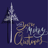 Christmas tree silhouette, design for greeting card. Vector hand drawn lettering for design. Gold Christmas lettering