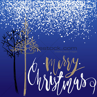 Christmas tree silhouette, design for greeting card. Vector hand drawn lettering for design. Gold Christmas lettering