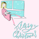 Girl sitting on the window-sil and read book on pink background. Merry Christmas lettering. EPS10