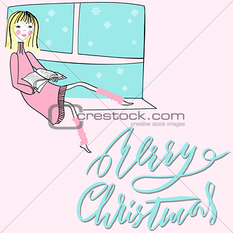 Girl sitting on the window-sil and read book on pink background. Merry Christmas lettering. EPS10