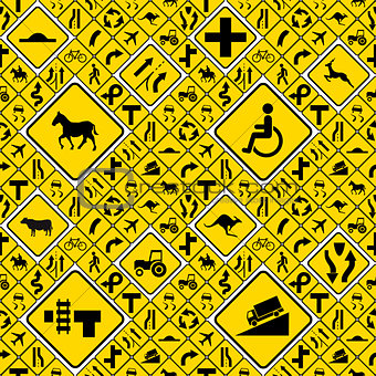 Different yellow road signs seamless pattern