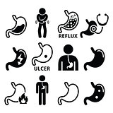 Stomach diseases - reflux, ulcer vector icons set