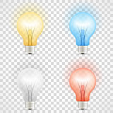Set of colored transparent realistic glass light bulbs isolated on checkered background