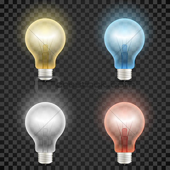 Set of colored transparent realistic glass light bulbs isolated on dark checkered background