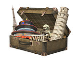Famous monuments of the world in vintage suitcase