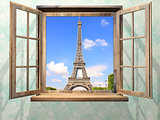 Opened wooden window and view on Eiffel tower, Paris