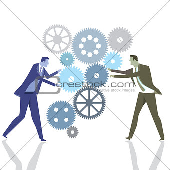 Businessmen with gears in teamwork