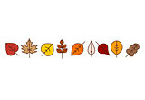 Vector autumn leaves red, orange yellow colors line art. Seasonal illustration, border design