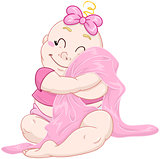 Cute Baby Girl Hugs Pink Blanket