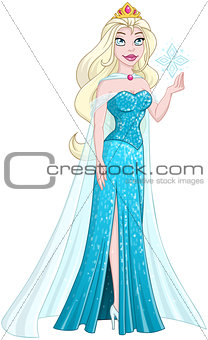 Snow Princess In Blue Dress Holds Snowflake