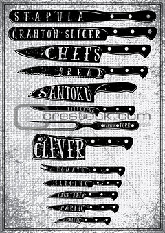 poster with burlap texture with different types of kitchen knives