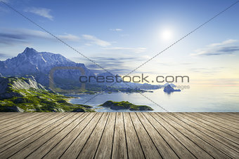 a wooden jetty with a beautiful scenery