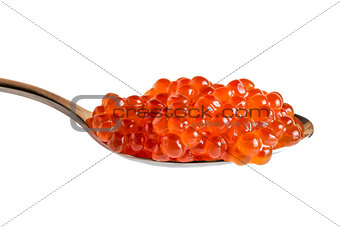 spoon with red caviar isolated on white background