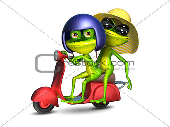 3D Illustration of a Frogs on a Red Motor Scooter
