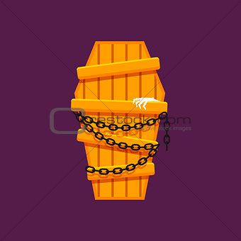 Wooden coffin with chains for halloween in a flat style