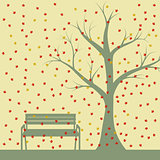 Autumn tree and benches, falling maple leaves, vector illustration
