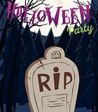Halloween party poster with tombstone and moon. Vector illustration.
