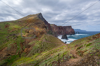 Madeira island hiking path in a beautiful volcanic landscape.