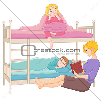 Mother reading a book to her children. Vector illustration isola