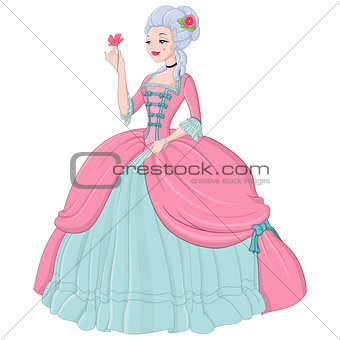 Rococo lady in pink dress. Vector illustration isolated on white