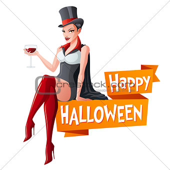 Brunette woman sitting with glass of wine in Dracula vampire Halloween costume and fangs. Cartoon style vector illustration with text isolated on white background.