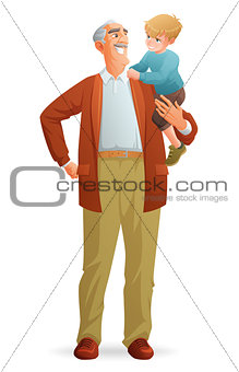 Smiling grandfather holding his grandson. Vector illustration isolated on white background.
