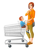 Thoughtful mother with son sitting in shopping cart. Vector illustration.