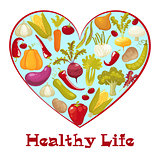 Healthy life. Cartoon style heart with healthy vegitables. Vector illustration