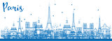 Outline Paris skyline with blue landmarks. 