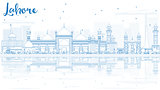 Outline Lahore Skyline with Blue Landmarks and Reflections.