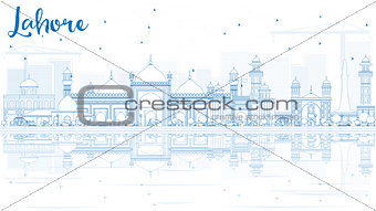 Outline Lahore Skyline with Blue Landmarks and Reflections.
