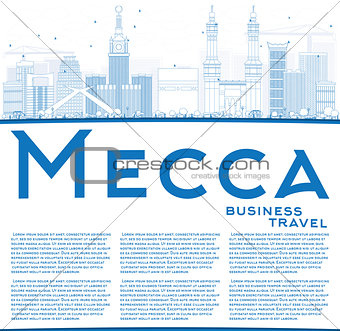 Outline Mecca Skyline with Blue Landmarks and Copy Space. 