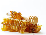 honeycomb and dipper for honey on a white background